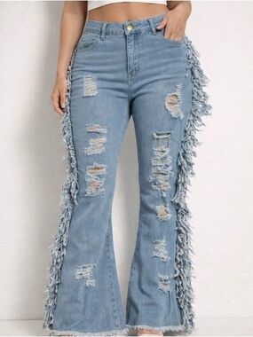 MICAS Womens Light Wash Distressed Flare Jeans with Fringe Size L